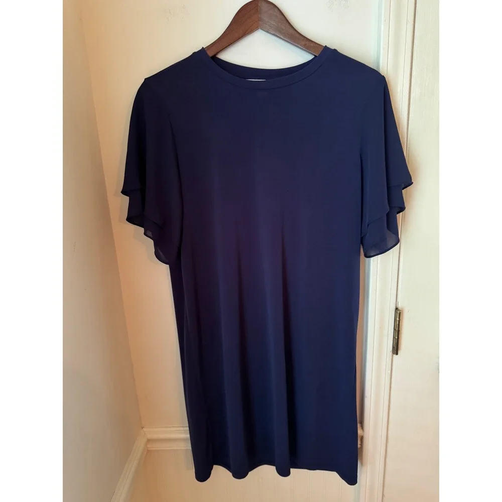 Michael Kors Navy Blue Flutter Sleeve Shift Dress Crew Neck Navy Gold Logo Med